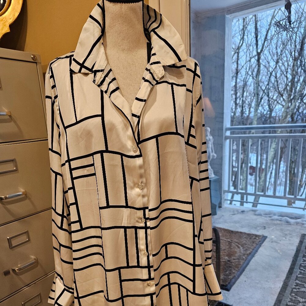 Classic Geometric Button-Down Blouse - White with Black Grid